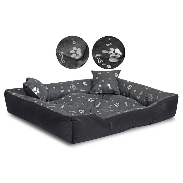Culcus pentru caini AIO Factory, 115x95cm, impermeabil, design cu oase, negru+argintiu
