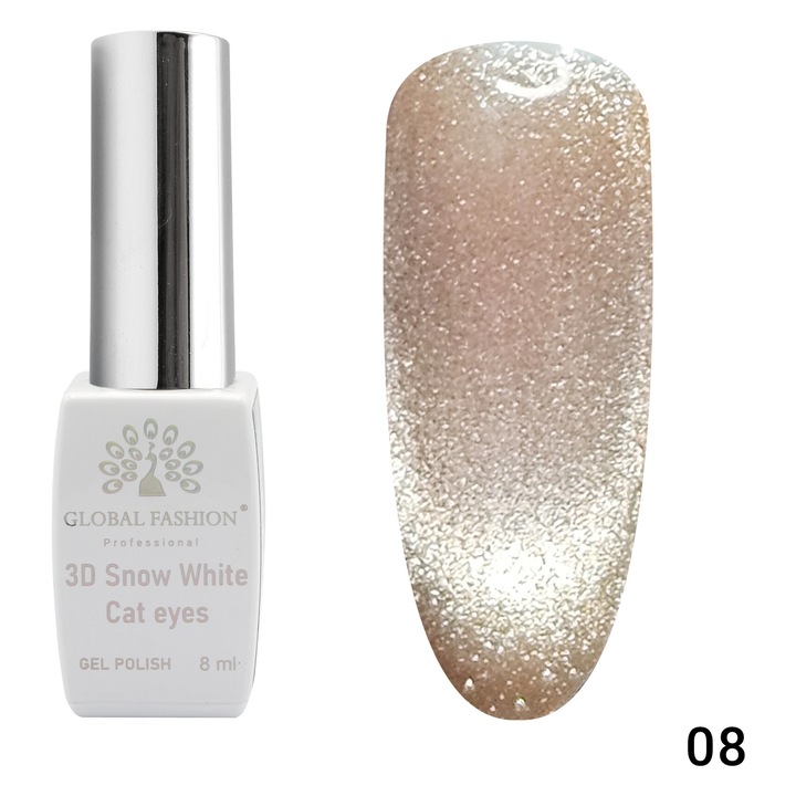 Oja semipermanenta, Snow White, 3D Cat Eye, Global Fashion 8ml, 08