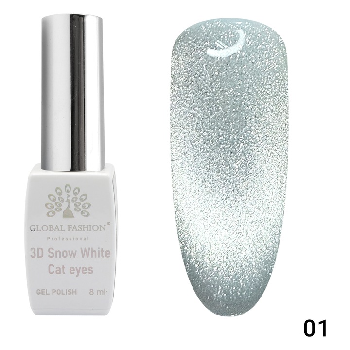 Oja semipermanenta, Snow White, 3D Cat Eye, Global Fashion 8ml, 01