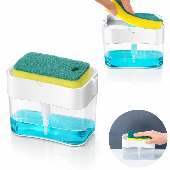 Dispenser dozator de detergent Macvi® 380 ml cu suport pentru burete, actionare prin apasare, economisire detergent