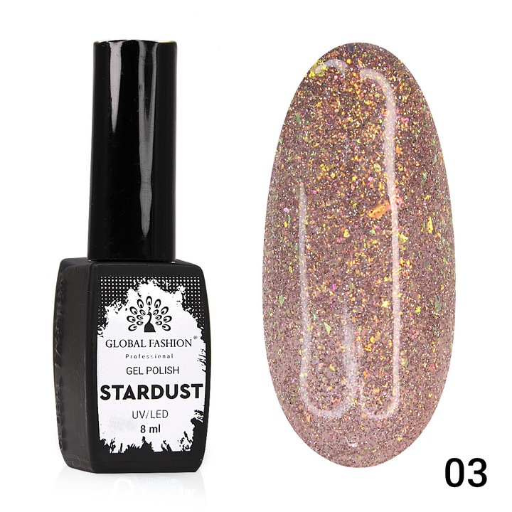 Полуперманентен лак за нокти Stardust, отразяващ, Global Fashion 8 мл, 03