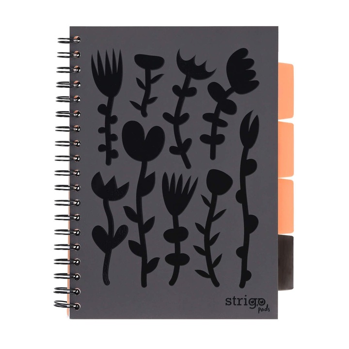 Caiet cu spirala si separatoare, STRIGO PADS Project Book Floral B5, matematica, 200 pag., hartie 80gr FSC, coperti cartonate, negru