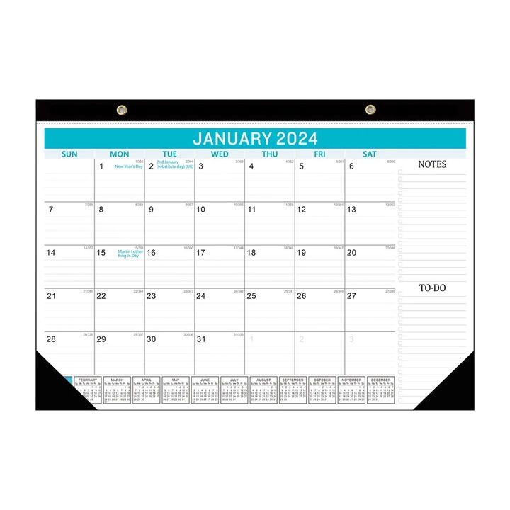 Calendar de birou/pe perete YANYXR BCS3234479, 18 luni (ian. 2024–iun. 2025), format 17" x 12" (430 x 305 mm), hartie cu suport rigid negru, gauri pentru agatat, panou pentru note, multicolor