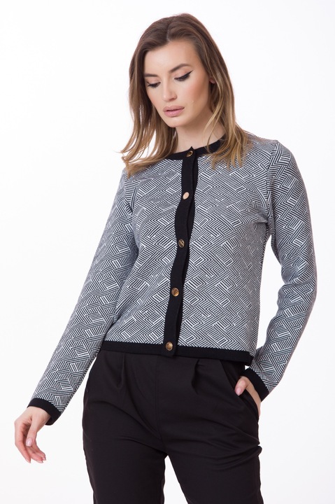 Cardigan tricotat BE YOU model jacard, Alb/Negru