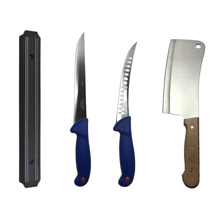 Set cutite profesionale de macelarie, filetat, transat, dezosat, 2 cutite, suport magnetic, satar, Dactylion®