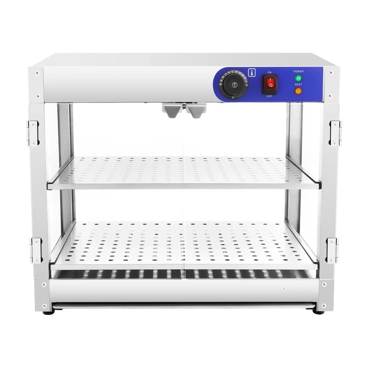 Шкаф за затопляне на храна, 2 нива, 800W, 220V, регулируем термостат, сребрист