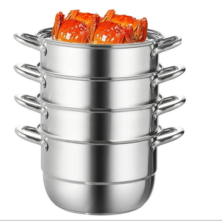 Пароход от неръждаема стомана, 5 нива, голям капацитет, 30 см, съвместим с газови, индукционни и керамични котлони