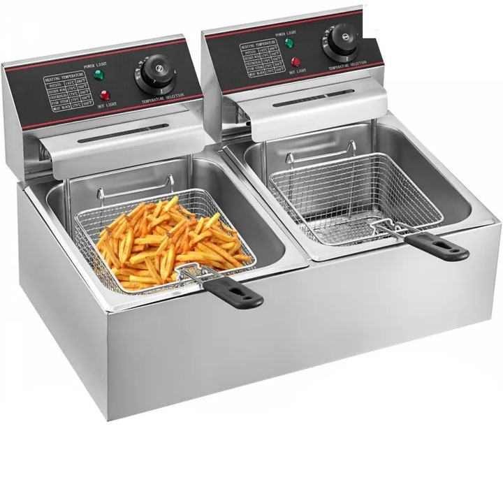 Kereskedelmi olajsütő, 12 literes dupla tartály, 5000 W-os állítható termosztát, ezüst színű