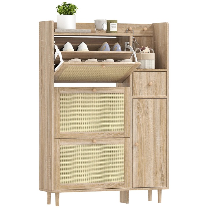 Összecsukható cipősszekrény, 3 fiókkal, rattan ajtókkal, 99x65x94cm, tölgyfa, 12 pár cipő befogadására alkalmas