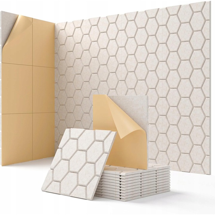 Set 12 Panouri acustice hexagonale, Luka, 30 x 30 x 0.9 cm, Autocolant, Bej