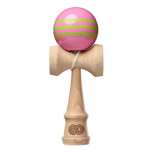 Joc de indemanare Kendama USA Kaizen Triple Stripe Gloss roz cu trei linii verde deschis
