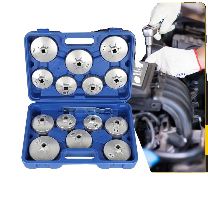 Trusa scule 15 piese, aluminiu, albastru, 14 chei filtru ulei