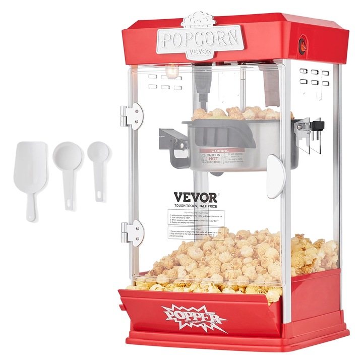 Aparat de preparat popcorn, VEVOR, plastic, 1.5 gal, rosu/argintiu