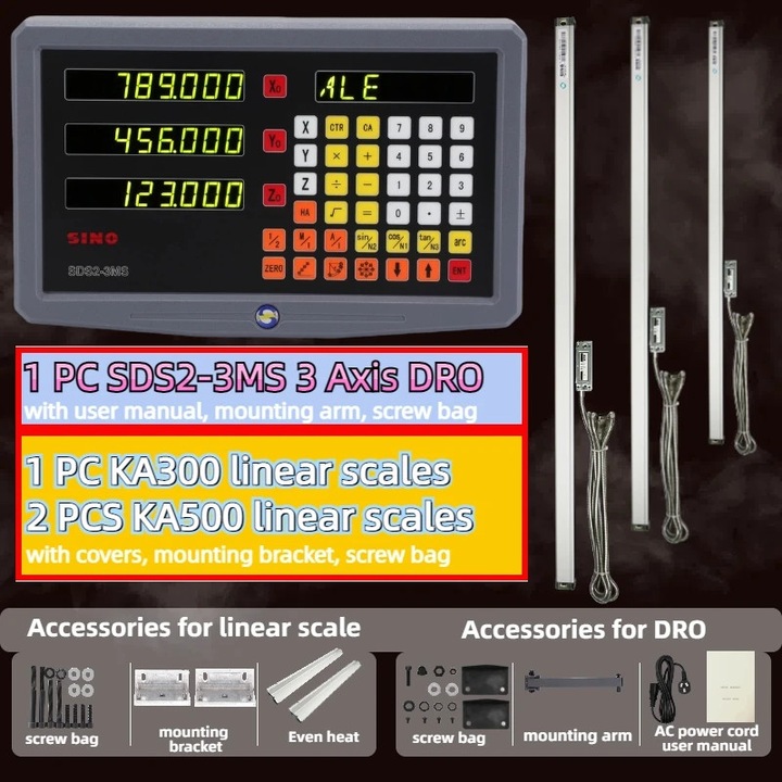 Sistem de citire digitala 3 axe, kit 5um, scala liniara KA300, scala liniara KA500, manual utilizare, brat de montare, punga cu suruburi