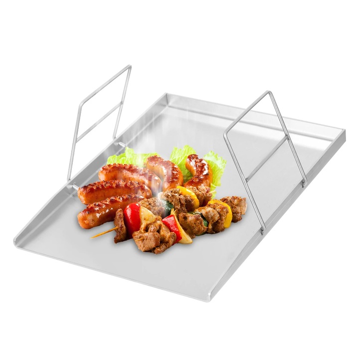 Placa de gratar, Plancha, Otel inoxidabil, 45×34 cm, Margini inaltate, Manere, Suprafata plana