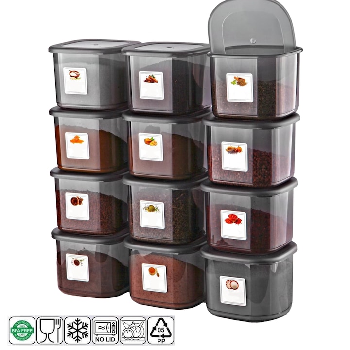Set GinzaMaison 12 Recipiente Alimentare de 500 ml pentru Frigider, Congelator, Dulap sau Camara, potrivit pentru Cuptor cu Microunde, cu 24 etichete adezive, Culoare Antracit, Capac Rezistent de Forma Patrata