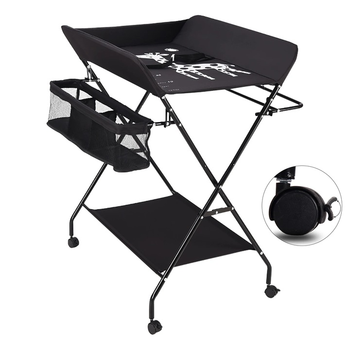 Masa de infasat pentru bebelusi, pliabila portabila, impermeabila, curea de siguranta, spatiu mare de depozitare, picioare anti-alunecare, capacitate 15 kg, Negru