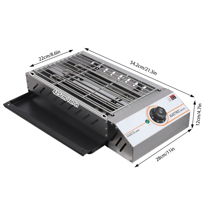 Gratar electric, control temperatura ajustabil, argintiu, 54.2x28x12cm