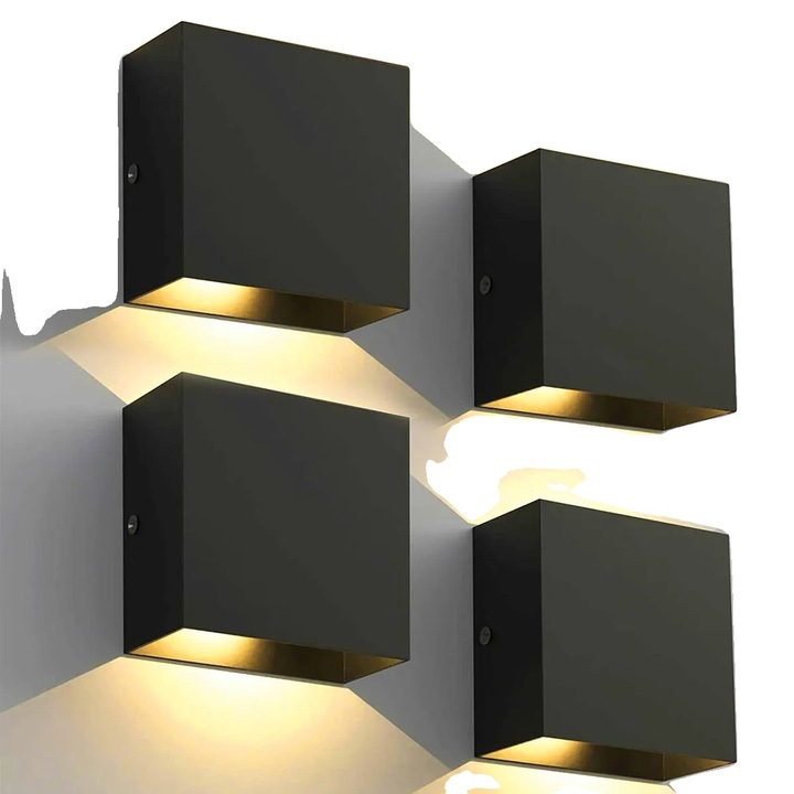 Fekete LED fali lámpa, négyzet alakú kialakítás, meleg fény 3000K, 6W, 10x5x10cm