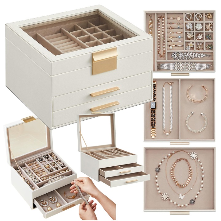 SONGMICS ékszerdoboz, fehér arany színű, 2 fiókos, 19 rekeszes, 23,1x20,3x13,5cm