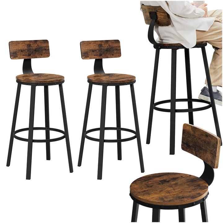 Set 2 scaune bar, Songmics, negru/maro, 54x99cm, 73cm inaltime sezut