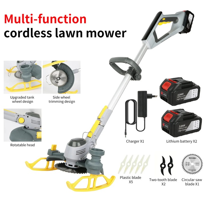 Trimmer de iarba si taietor de margini, Trimmer cu acumulator, Fara fir, 2x acumulatori Li-ion, Maner telescopic, Lama din plastic, Stecher UE