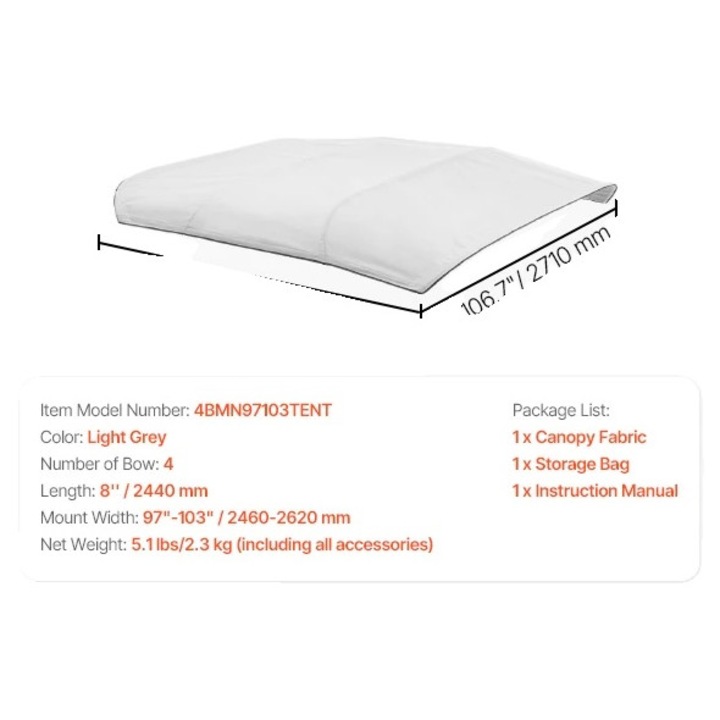 Copertina Bimini pentru Barcile cu Latimea de 97-103in, Material Waterproof, Gri Deschis, Set cu Sac de Depozitare