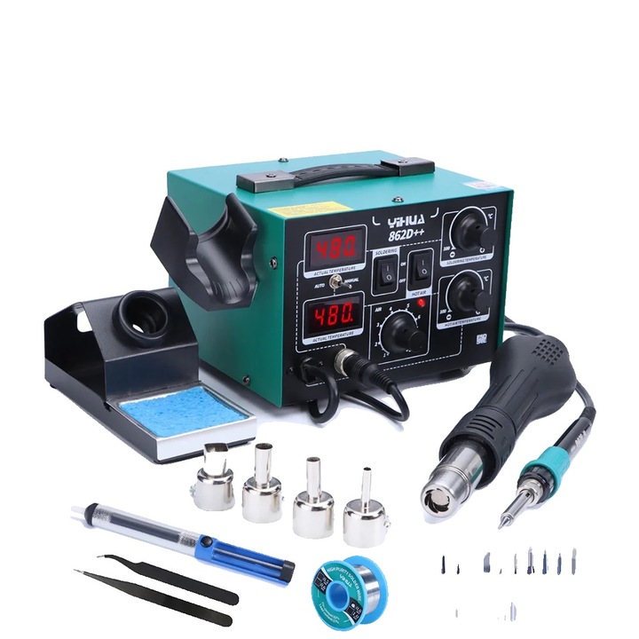 YIHUA 862D++ Поялна станция, Двоен контрол на температурата, Режими на енергийна ефективност, Комплект от 2, EU щепсел 220-240V