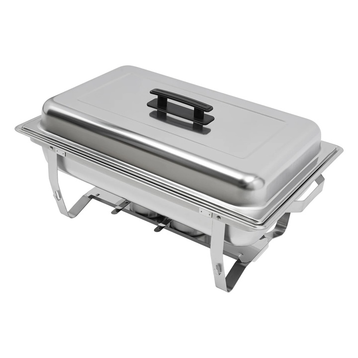 Комплект chafing dish за бюфет, Правоъгълен нагревател за храна, 6 л, Неръждаема стомана, С капаци и тави, Сребрист