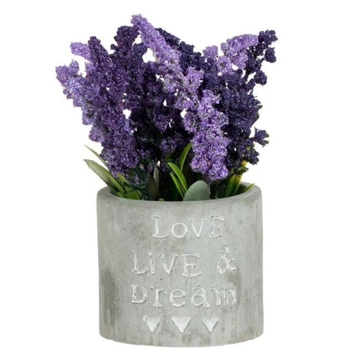 Декоративна саксия с изкуствено растение лавандула, саксия с резбовано послание, Ø8x17 см, сиво/лилаво
