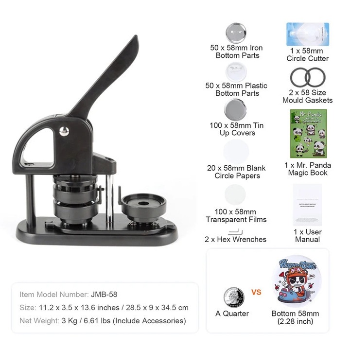 Jelvénykészítő gép, JMB-58 button maker, kézi prés 58 mm, jelvényekhez és hűtőmágnesekhez, DIY, művészet és hobbi