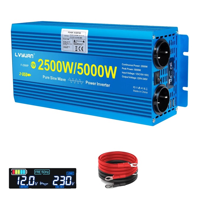 Inverter auto, 5000W, 12V, 220V, unda sinusoidala pura, cu iesire USB