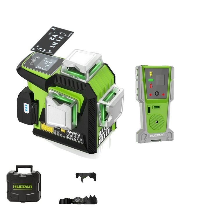 Лазерен нивелир Huepar HX03CG с детектор, 12 линии, точност +/-2 мм, батерия 5200 mAh, комплект аксесоари
