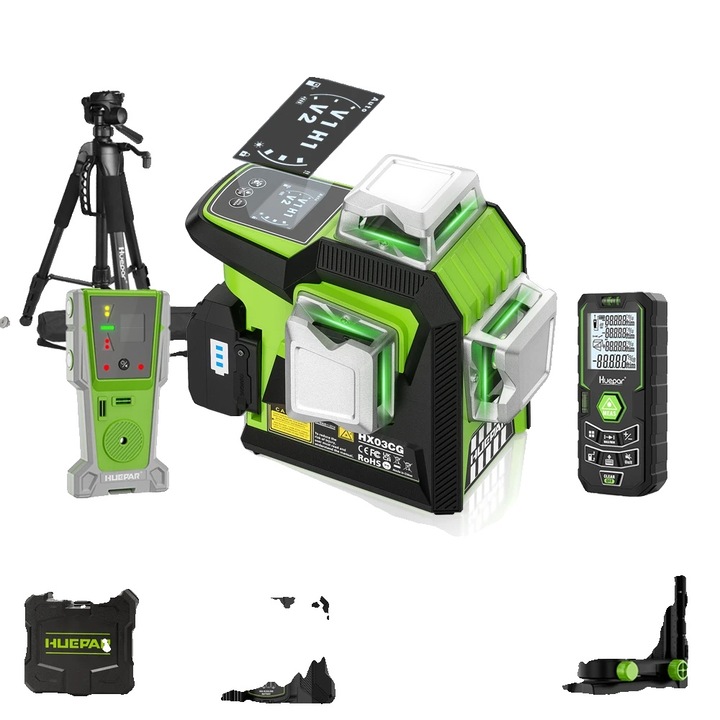 Лазерен нивелир Huepar HX03CG, 12 линии, точност +/-2 мм, батерия 5200 mAh, статив и комплект аксесоари