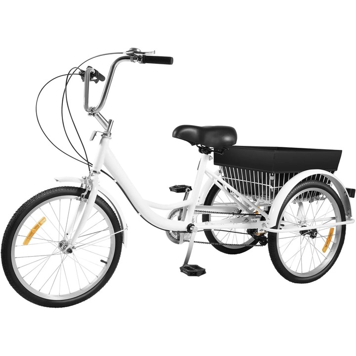 Триколка за възрастни, 20-инчови колела, 8 скорости, с кошница за пазаруване, бяла