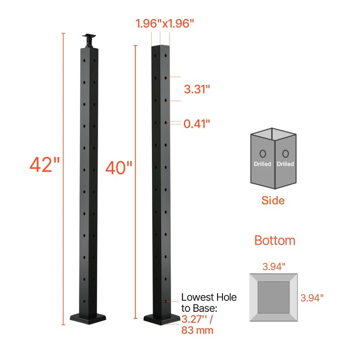 Стълб за парапет за кабели, матово черна неръждаема стомана, 36-42"