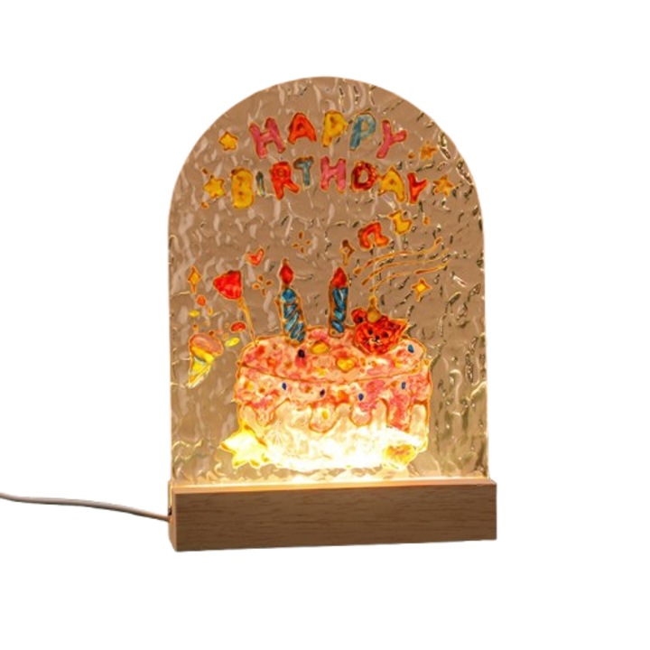 DIY Glass Painting Night Light - Hand-drawn Acrylic Wave Pattern Board Painting Holiday Gift, 15x20cm, Happy Birthday