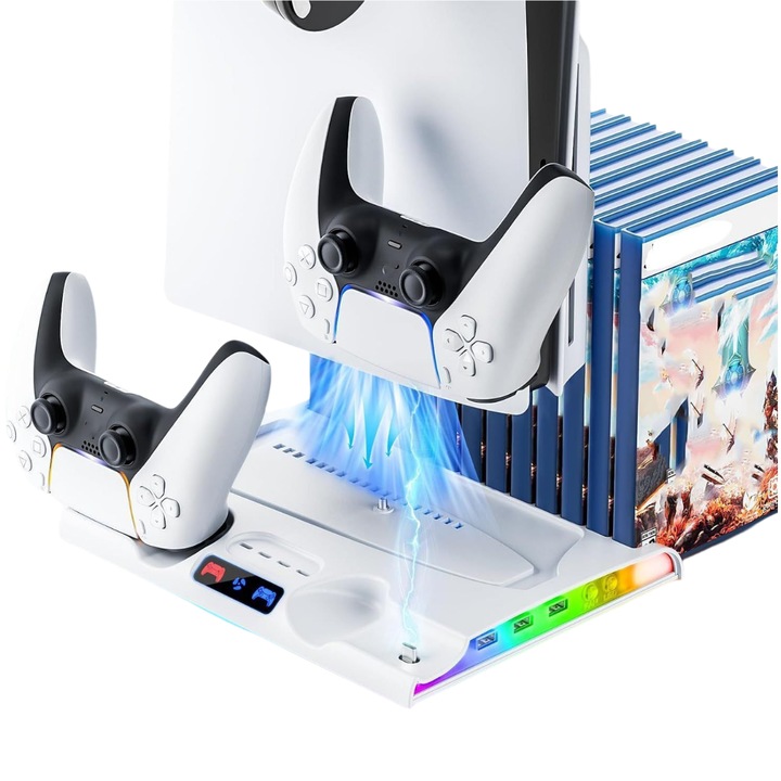 PS5 Slim töltőhűtő állomás, Dupla kontroller töltés, Dupla hűtés, Játéktámogató nyílások, USB csatlakozás, Fehér