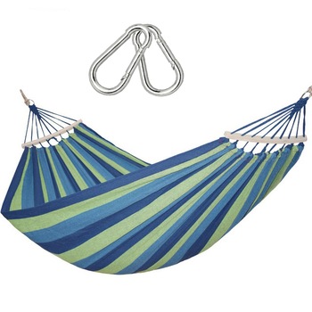 Hamac dublu din bumbac cu lemn la capete + franghii, albastru verde, buz Hamac dublu din bumbac cu lemn la capete + franghii, albastru verde, buz