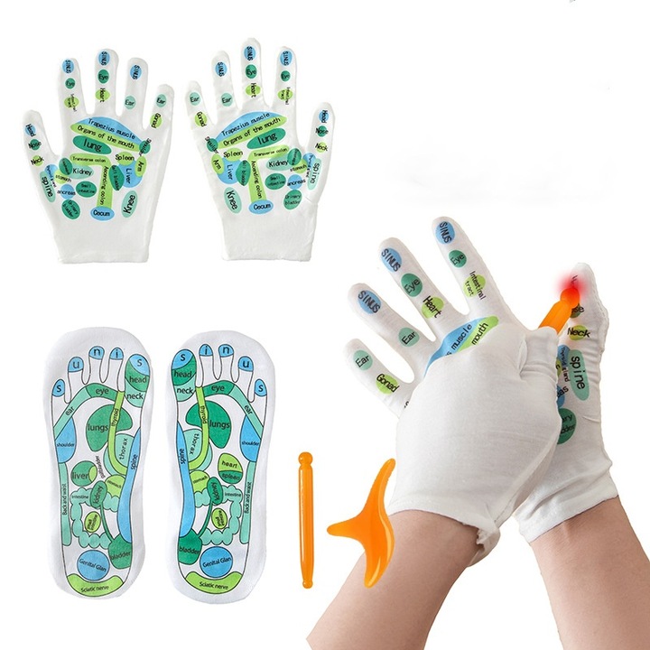 Sosete de reflexoterapie, JALWOP, 1 pereche de manusi si sosete, cu 2 instrumente de masaj, potrivite atat pentru barbati cat si pentru femei