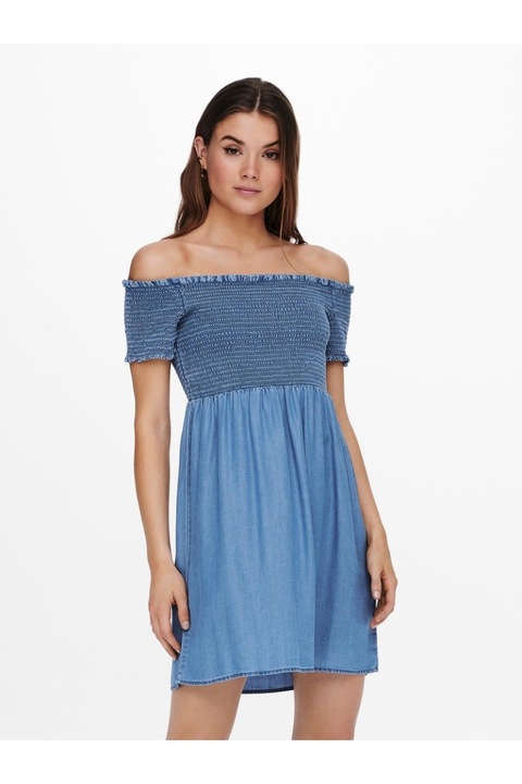 Rochie subtire din denim cu design elastic in partea superioara Cora Life Smock, Albastru inchis