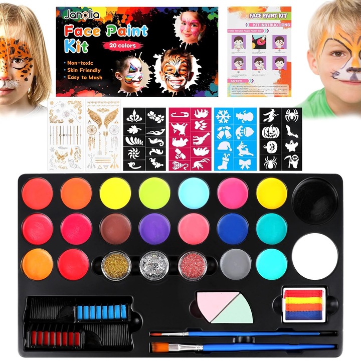 Set Profesional de Pictura pe Fata pentru Copii, 20 Culori Non-Toxice, Paleta Lavabila Ideala pentru Petreceri, Cosplay, Halloween si Machiaj Artistic