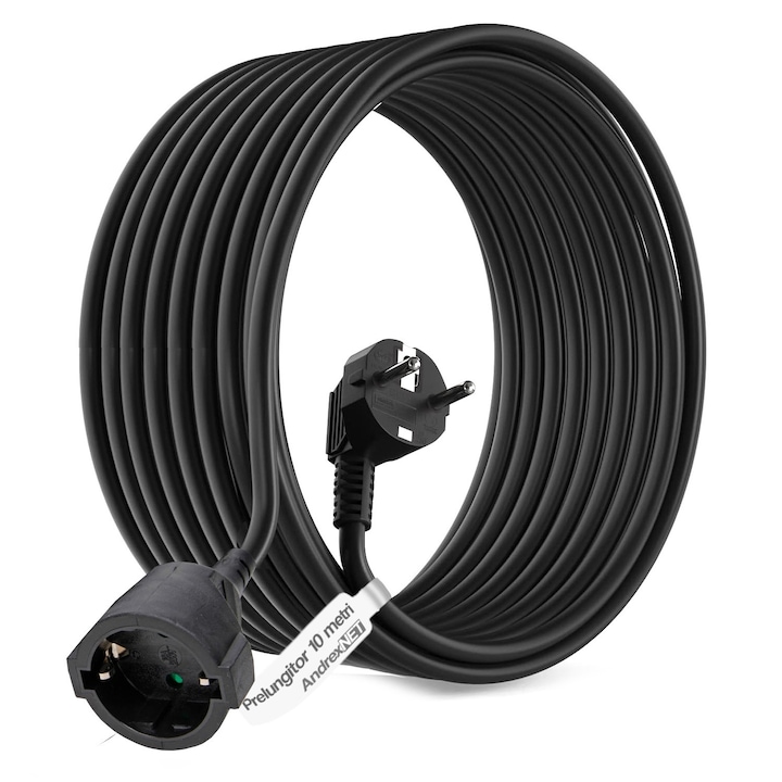 Prelungitor cablu electric 10 metri, cu fisa si priza tip Schuko, 3 x 1.5 mm, negru