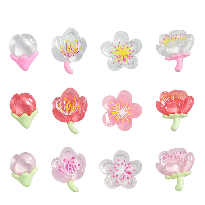 Аксесоари за обувки - Комплект от 12 джибитци за Crocs с черешови цветове от прозрачна смола, пролетен стил