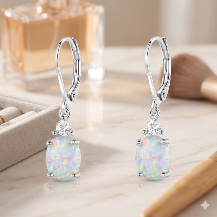 Cercei dama, Charmorah, Eleganti si Versatili, Aliaj Metalic cu Opal Oval, Inchizatoare clasica, 2.9cm, Argintiu-Alb