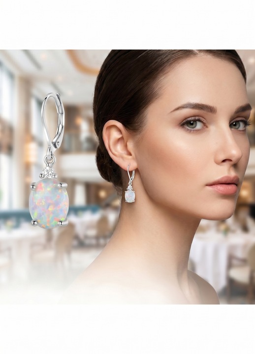 Cercei dama, Charmorah, Eleganti si Versatili, Aliaj Metalic cu Opal Oval, Inchizatoare clasica, 2.9cm, Argintiu-Alb