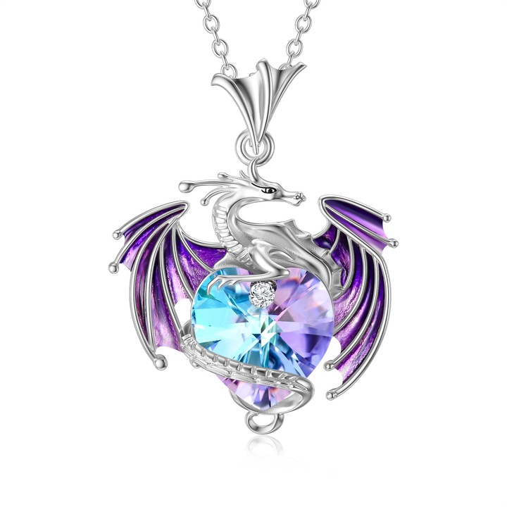 Colier Dragon Birthstone Flying Dragon Colier Inima in forma de cristal Bijuterii Doamnelor cadou, Cu cutie de depozitare, Vanaxalife®, Lila