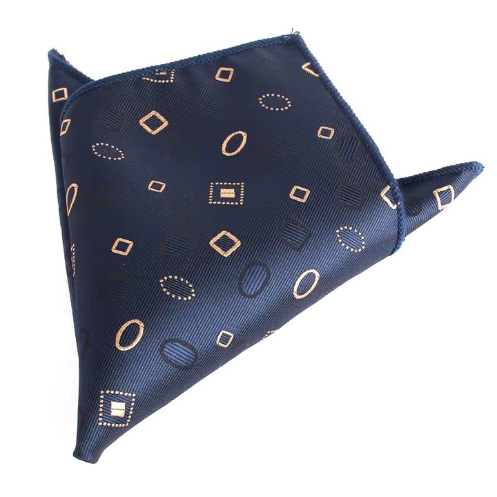 Batista de buzunar pentru sacou costum barbati CLASStitude, din poliester calitativ cu aspect de matase, dimensiuni 25 x 25 cm, pentru ocazii speciale tip nunti, botezuri, petreceri, model geometric cu patratele si cerculete, Bej / Bleumarin