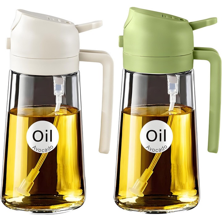 Dispenser ulei KedioPio 2 in 1, set 2 bucati, sticla 470ml, alb si verde, pentru gatit, salate, prajit, gratar