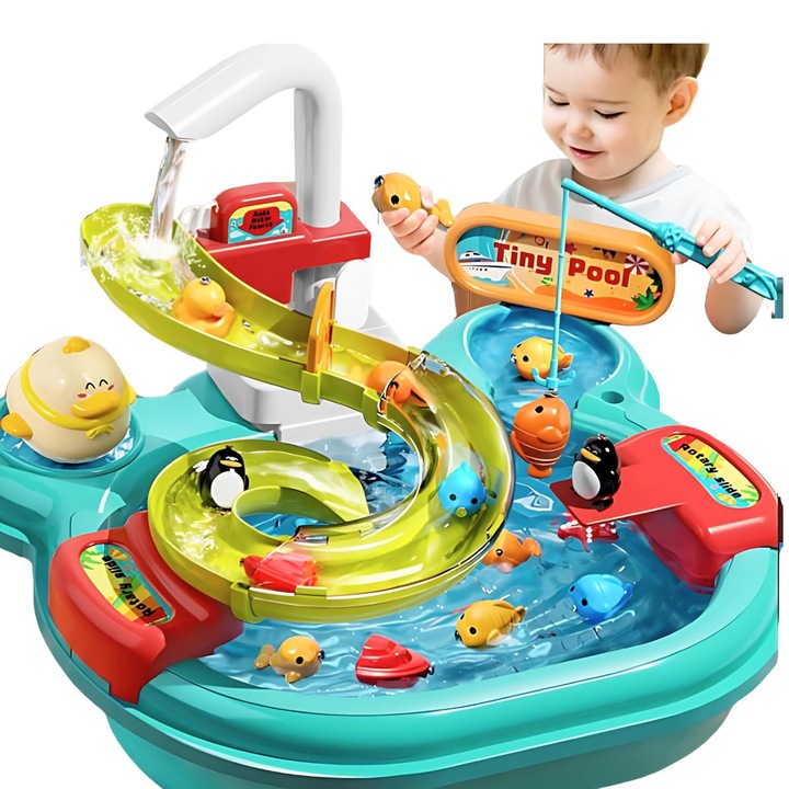 3 az 1-ben interaktív mosdó gyerekeknek, keringő víz, csúszda, horgászat – móka halakkal, kacsákkal és eszközökkel, kék